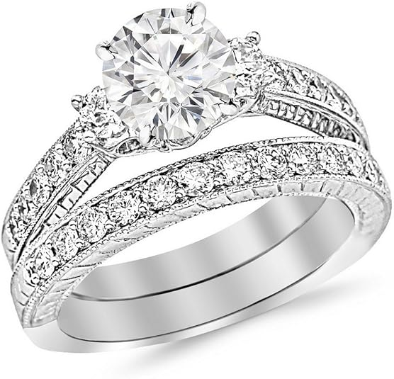IGI Certified Three-Stone Vintage Bridal Set with Wedding Band