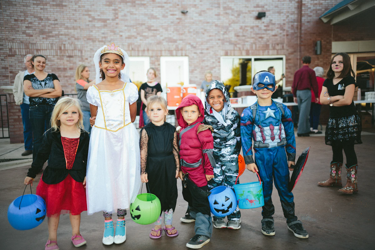 Group of friends in coordinated Halloween costumes
