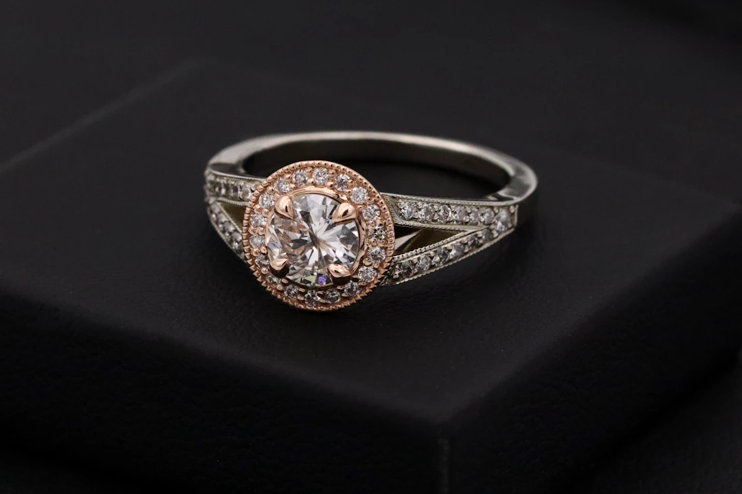 Two-tone rose gold halo diamond ring — balanced elegant design for Libra women