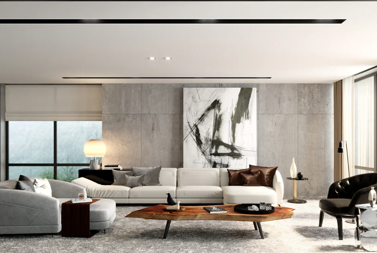 Minimalist living room with a pale sectional sofa and live-edge wood coffee table