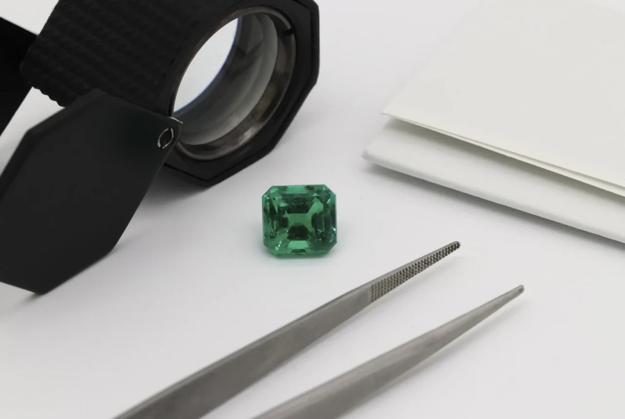 Loose emerald gemstone with jeweler's loupe and tweezers