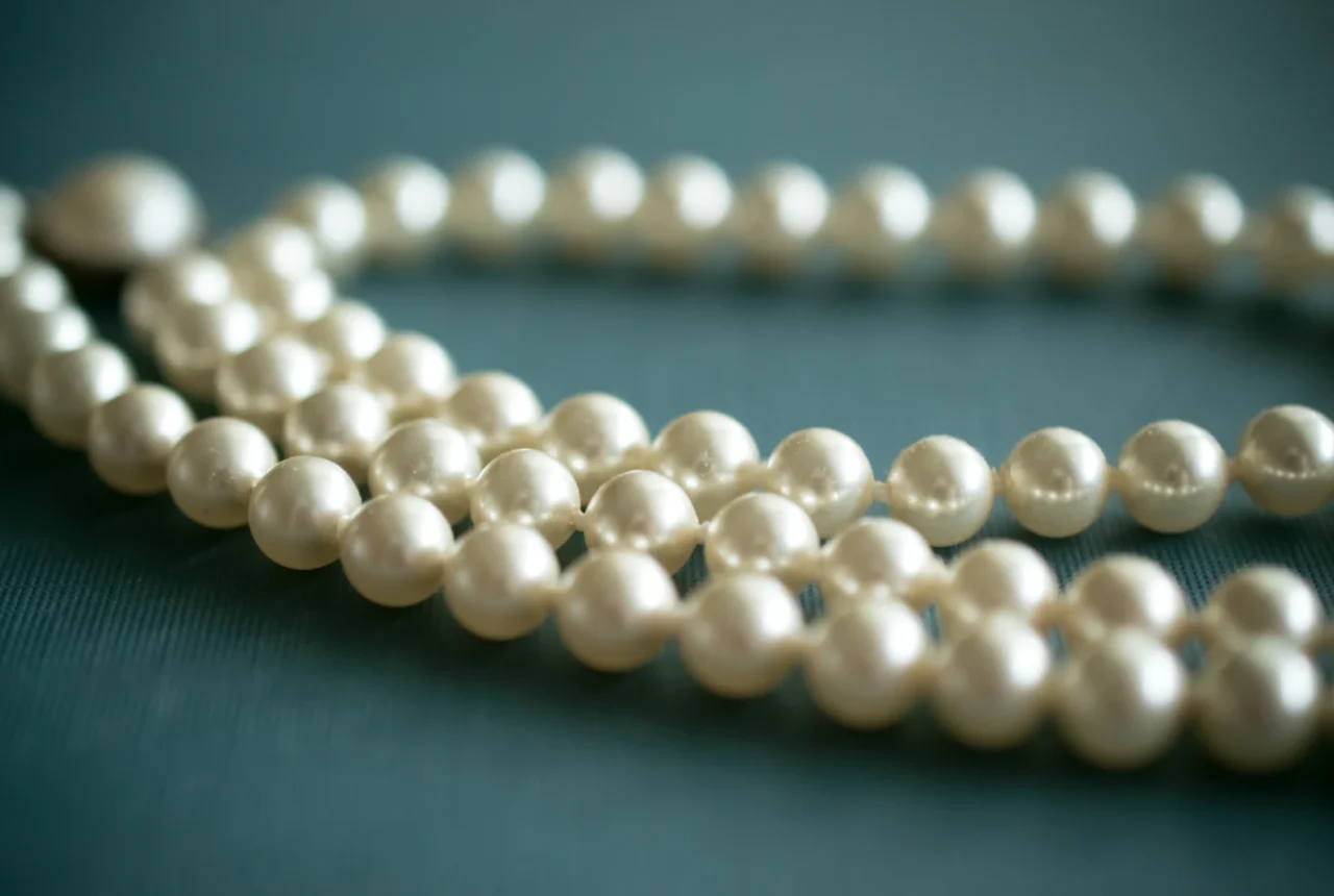 Strand of lustrous white pearls laid out to check if they are real